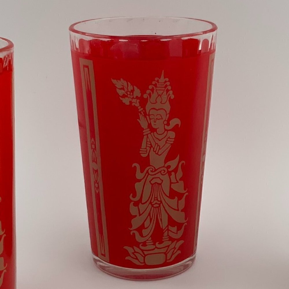 Set of 3 Vintage Culver Red and Gold Hindu Goddess Drinking Glasses